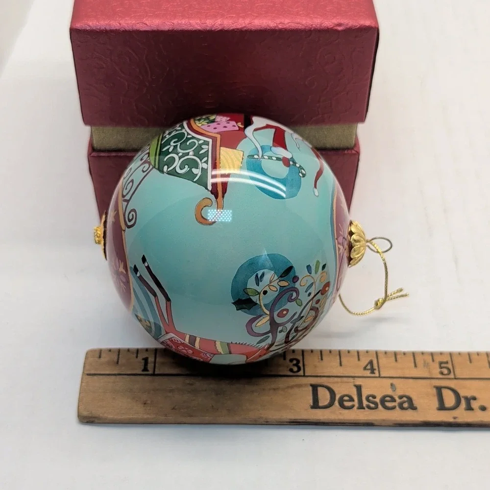 Pier 1 Li Bien 2011 Santa Sleigh Reindeer Hand Painted Glass Christmas Ornament